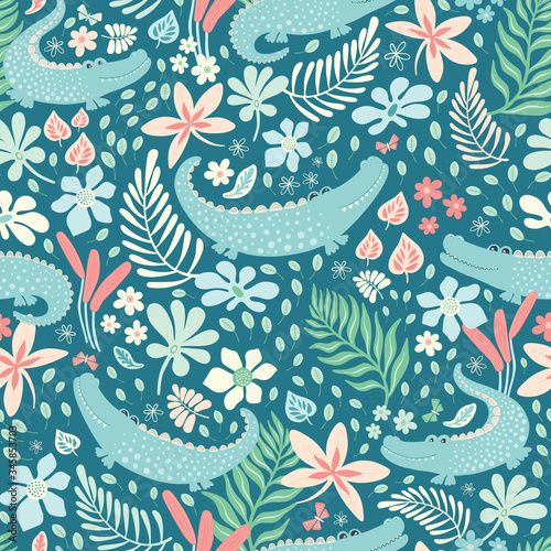 Tropical crocodile pattern design with flowers, butterflies and leaves. Cute vector animal seamless repeat background.