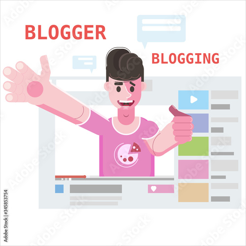 Blogger in interface web video podcast. Popular young video streamer blogging man, live broadcast, online channel