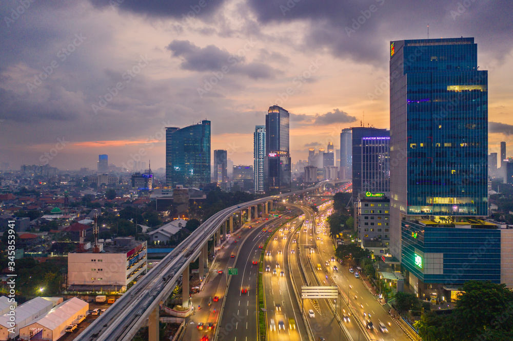 Obraz premium Jakarta skyline at dusk during coronavirus