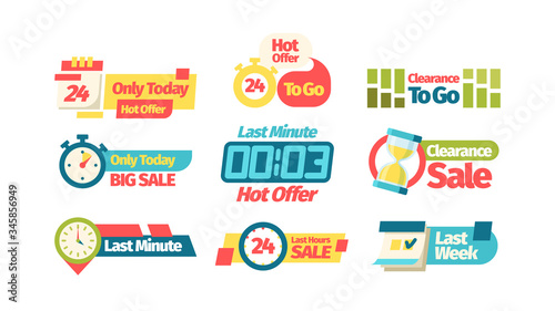 Discount sale offer. Discount coupon last week only today sale last minute best price throughout the day to go color web store presentation, promotion advertising shopping. Banners vector graphics.