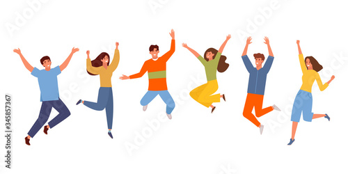 Happy people jumping set. Young funny teens guy, girl jumping together for joy joyful celebration victory team of smiling students celebrates success. Happy color cartoon vector graphics.