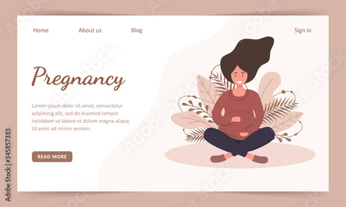 Pregnant woman in the lotus position. Landind page template. Modern flat style vector illustration isolated on soft background.