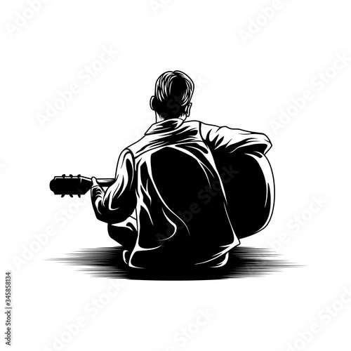 Boy playing guitar view back illustration vector