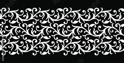 Seamless black and white vintage floral border