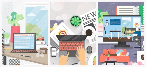 Remote work from home office vector poster template set