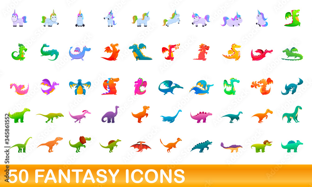50 fantasy icons set. Cartoon illustration of 50 fantasy icons vector set isolated on white background 50 fantasy icons set. Cartoon illustration of 50 fantasy icons vector set isolated on white background