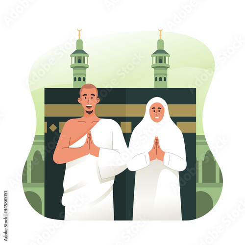 Hajj pilgrims greeting in front of Kaaba. Hajj and Umrah with flat cartoon character illustration