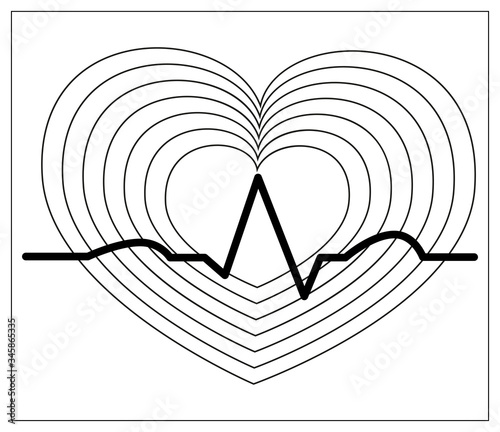 Vector illustration with outlines of blood pressure icon. Heart cheering cardiogram, good health logo
