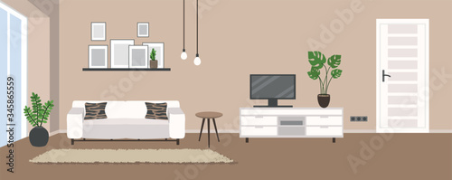 Modern design Living room interior. Design of a cozy room with a sofa, Tv, window and decor accessories.  Vector illustration. Flat isolated cartoon illustration. 