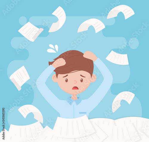 stress at work, exasperated worker piles of papers and documents