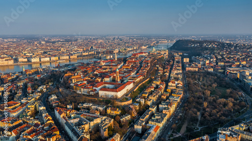 Budapest  Hungary - Aerial skyline view of Pest side of Budapest. This view includes Castle Hill  Buda Castle Royal Palace  Gellert Hill  Szechenyi Chain Bridge  Liberty Bridge and the Citadel 