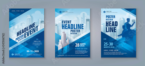 Business Flyer Poster Design Set. Layout Template, Abstract Blue Geometric Triangle