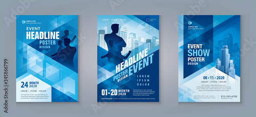Business Flyer Poster Design Set. Layout Template, Abstract Blue Geometric Triangle