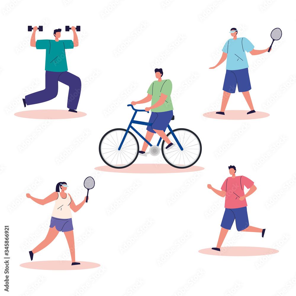 group people practicing exercise avatar characters vector illustration design