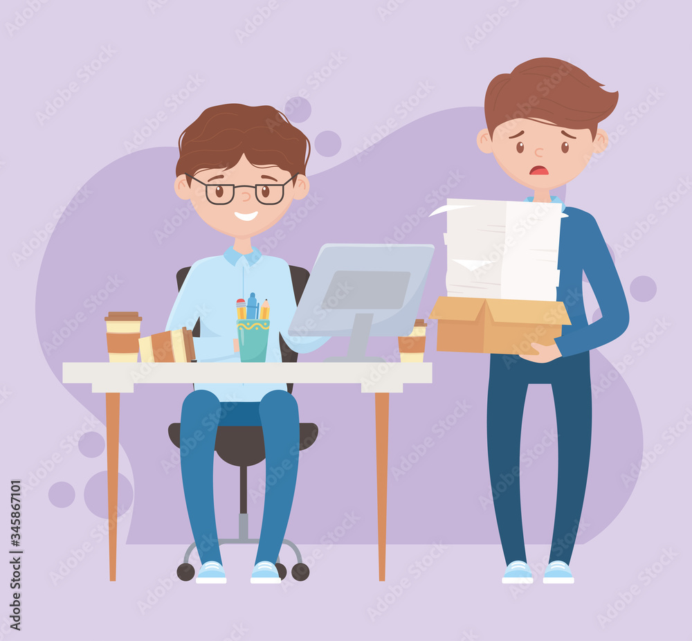 stress at work, businessman working on desk and employee with sheets stack stress at work, businessman working on desk and employee with sheets stack