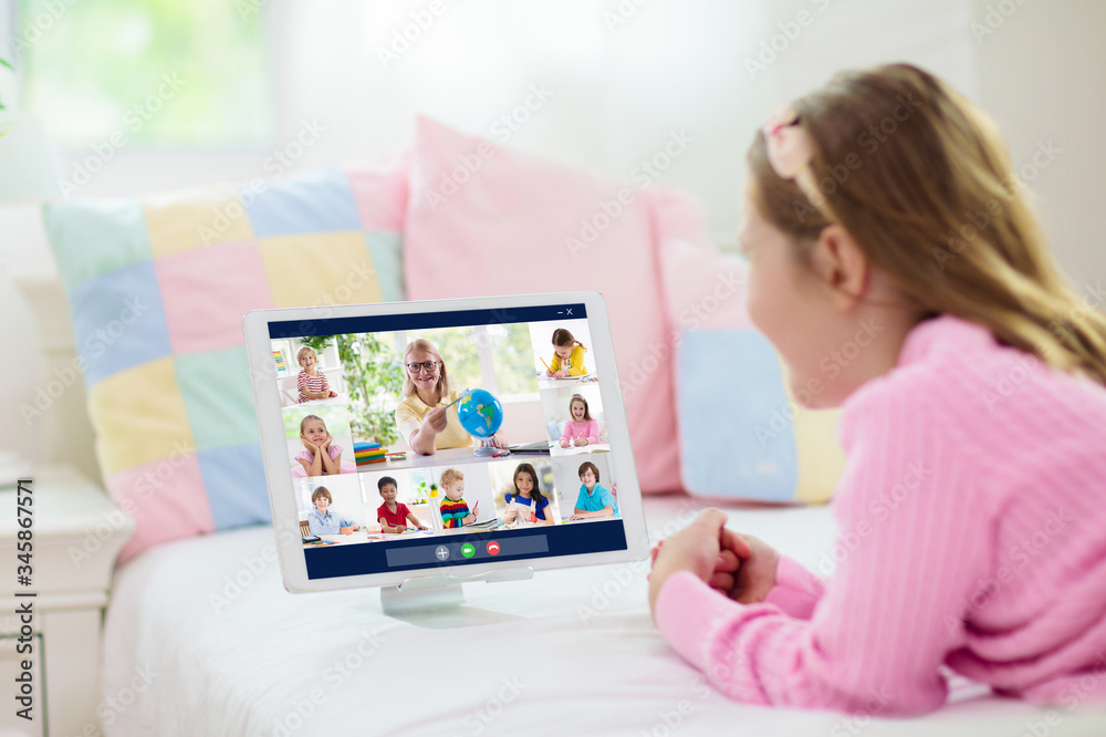 Online remote learning. School kids with computer. Online remote learning. School kids with computer.