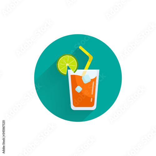juice with ice cubes, straw and lemoncolorful flat icon with long shadow. juice flat icon