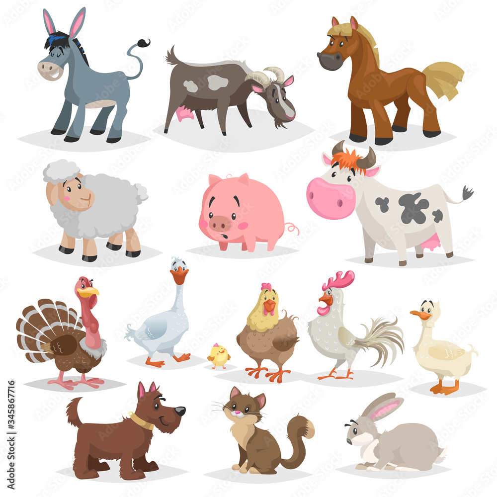 Cute farm animals set. Collection of cartoon vector drawings in flat style. Donkey, goat, horse, sheep, pig, cow, turkey, duck, rooster and hen, goose, dog, cat, rabbit. Stock Vector | Adobe Stock Cute farm animals set. Collection of cartoon vector drawings in flat style. Donkey, goat, horse, sheep, pig, cow, turkey, duck, rooster and hen, goose, dog, cat, rabbit. Stock Vector | Adobe Stock