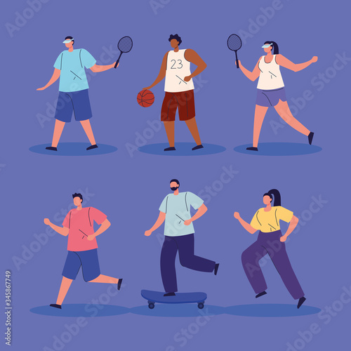 group people practicing exercise avatar characters vector illustration design