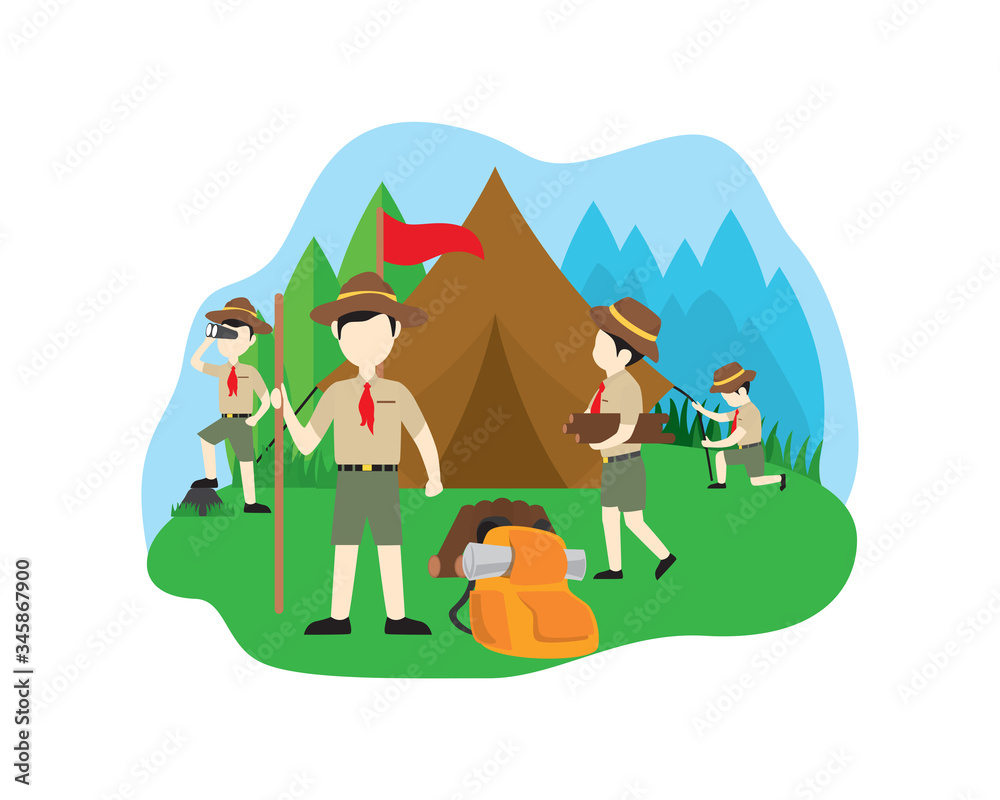 Fototapeta premium Boy Scouts Building Tent Collecting Firewood and Watching Around Illustration 