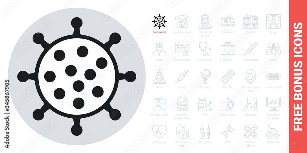 Coronavirus disease 2019 or COVID-19 icon. Simple black and white version. Free bonus icons kit included Coronavirus disease 2019 or COVID-19 icon. Simple black and white version. Free bonus icons kit included