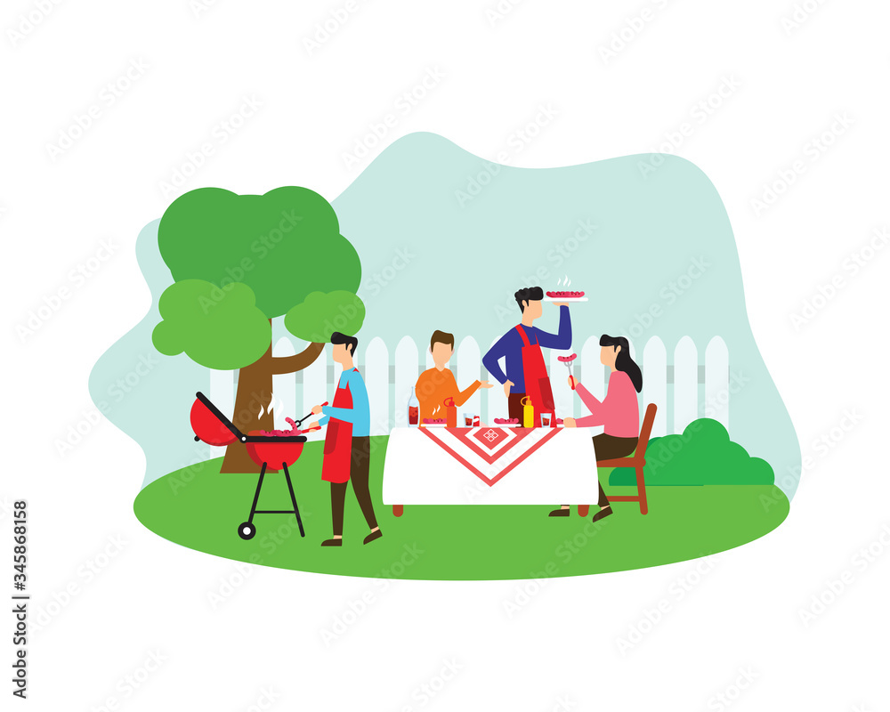 BBQ or Barbeque Party at the Backyard Eating and Grilling Together Illustration BBQ or Barbeque Party at the Backyard Eating and Grilling Together Illustration