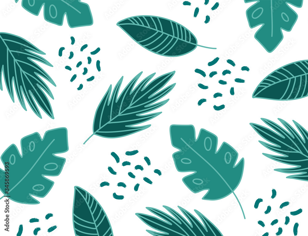 Fototapeta premium Vector set of leaves. Design elements. Trendy summer print. Exotic background. Print on white background. Abstract leaves texture.