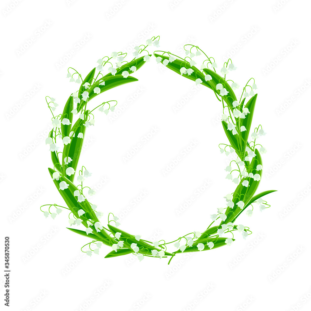 Lily of the valley. Round flower wreath with cute flowers and leaves ...