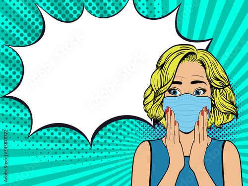 Surprised woman with medical mask. Comic girl with speech bubble. Wow face female. Pop Art vintage vector illustration