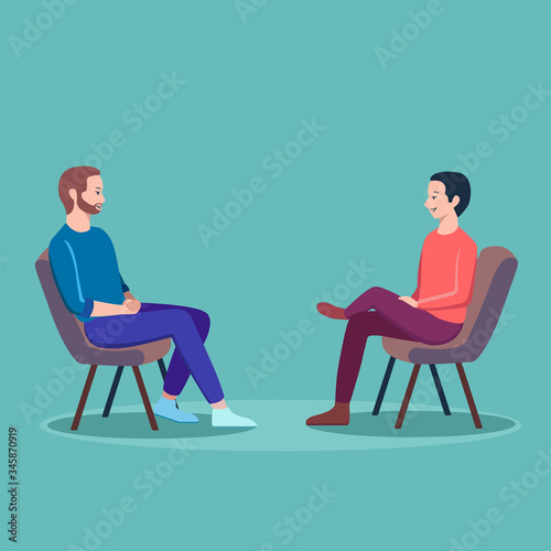 This illustration shows us a dialogue between two young people on a light turquoise background.