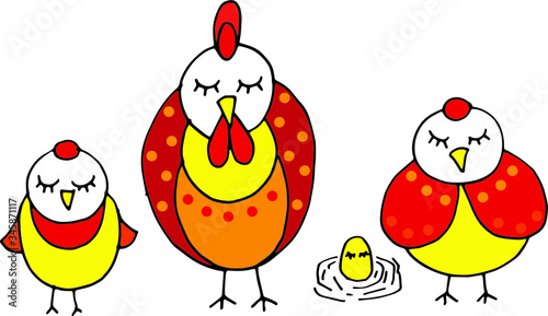 Stylized Rooster, Chicken, Chicken and Egg