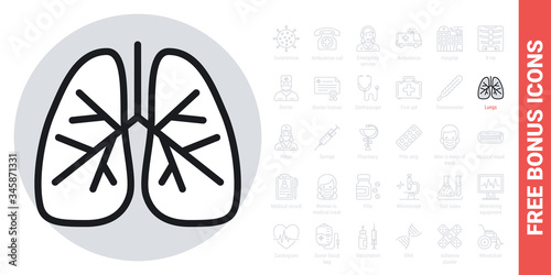 Human lungs icon. Simple black and white version. Free bonus icons kit included