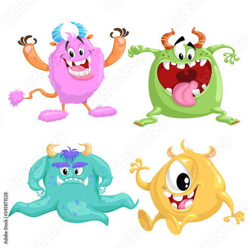 Cartoon cute monsters set. Vector drawing for Halloween and monsters party's. Smiling aliens in flat style. Best for prints, party decorations. Isolated on white background.