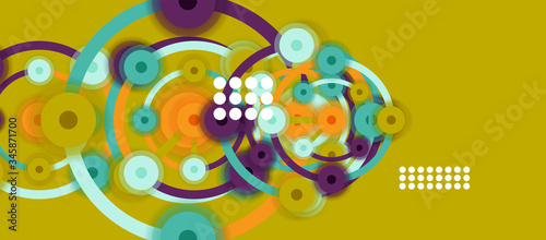 Flat style geometric abstract background, round dots or circle connections on color background. Technology network concept.