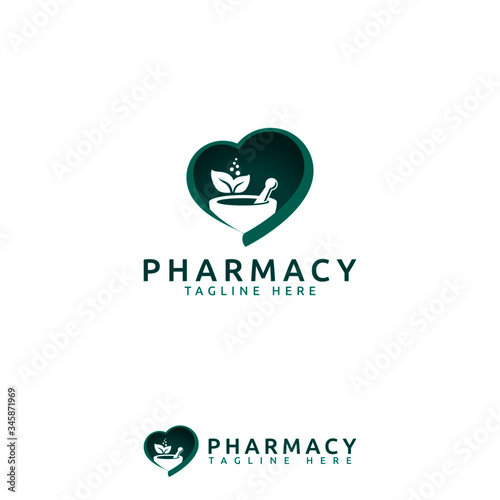pharmacy logo with love, leaves, mortar and pestle vector image. Best  for any business especially for healthcare and medical.