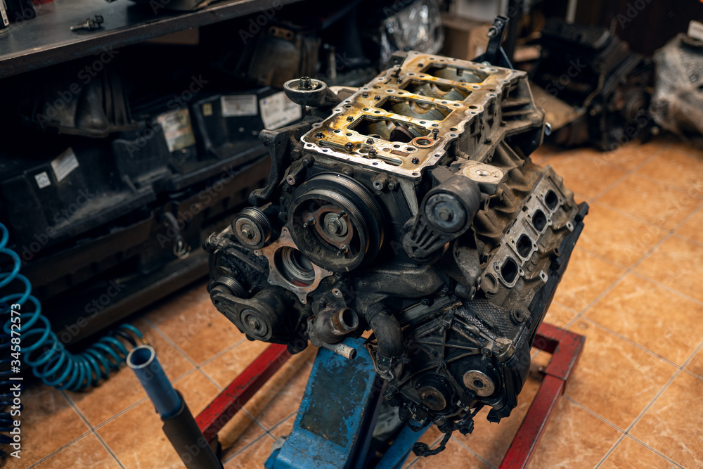 close-up of the engine. Automotive engine replacement and repair close-up of the engine. Automotive engine replacement and repair