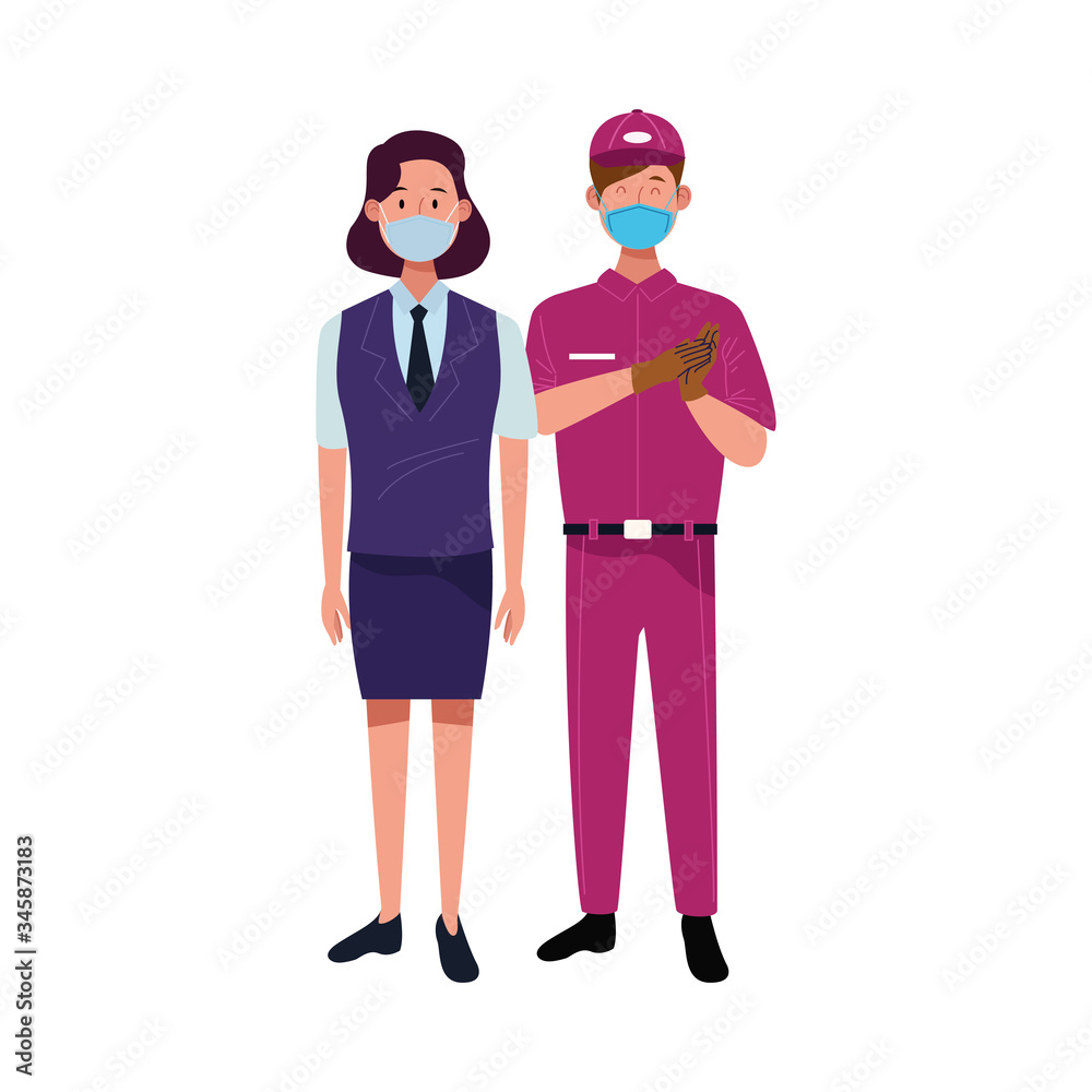 couple workers using face masks for covid19 couple workers using face masks for covid19