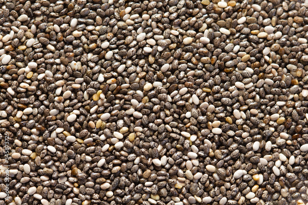 Chia seeds close-up background macro. The texture of the Chia seeds. Copy space. Flat lay. Healthy food from Chia seeds. Chia seeds close-up background macro. The texture of the Chia seeds. Copy space. Flat lay. Healthy food from Chia seeds.