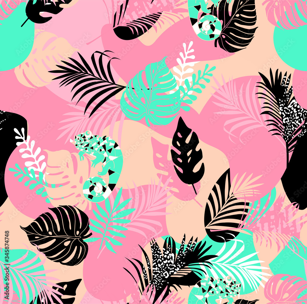 Exotic tropical foliage an camouflage chameleon  in trendy colors  artwork for tattoo, fabrics, souvenirs, packaging, greeting cards and scrapbooking,bed linen,wallpaper