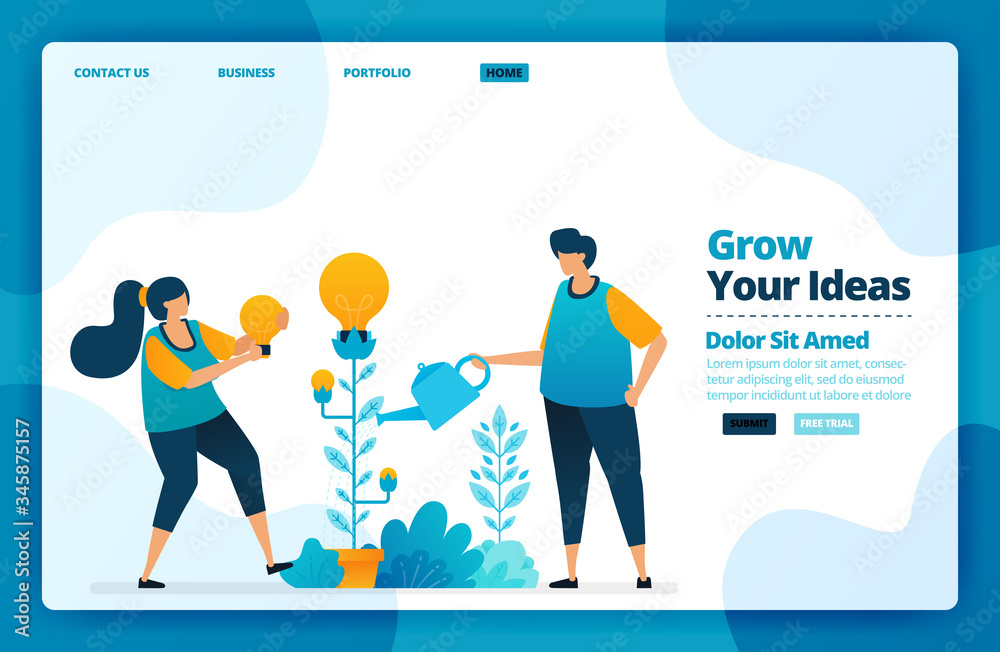 Landing page vector design of growing your idea. Design for website, web, banner, mobile apps, poster, brochure, template, billboard, welcome page, promotion, cover, business card, advertisement