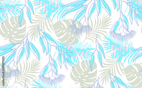 pattern seamless of tropical leaves, flowers on trend color background. Banner with tropic summertime topic wrapping paper, textile or wallpaper design,background, bed linen