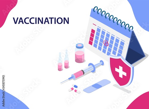 Isometric Time to vaccinate concept. Vaccine for influenza, measles, diphtheria, or rabies. Template with syringe. Protection campaign for immunity. Vector illustration in flat style.