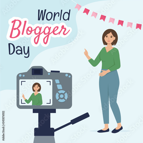 World blogger day poster. Woman video blogger recording video with camera. Vector illustration in flat style