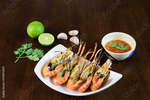 Grilled shrimp and dipping sauce that is very appetizing