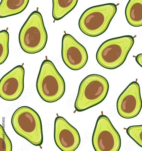 Seamless avocado pattern, avocado slices, leaves on white background. Vegan food vector icons. Print, texture, healthy eating. Wrapping paper or fabric. 