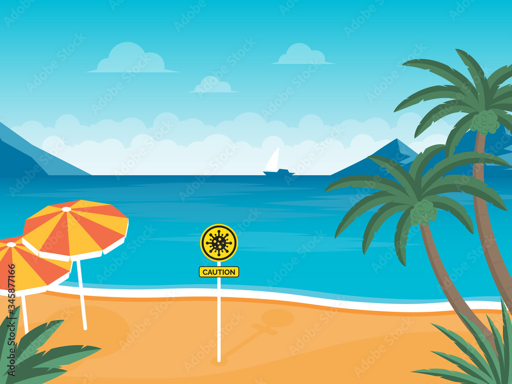 Warning sign prohibiting beach area Protection against the virus, Covid-19 or coronavirus epidemic, beach closures, epidemic prevention,Flat vector design