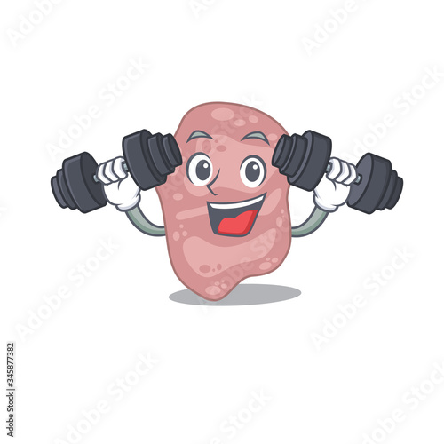 Mascot design of smiling Fitness exercise verrucomicrobia lift up barbells