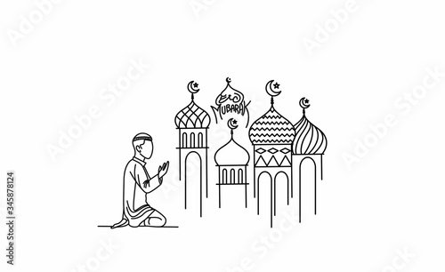 Muslim young man praying ( Fajr, Zuhr, Asr, Maghrib, and Isha ) - eid mubarak, vector Illustration.