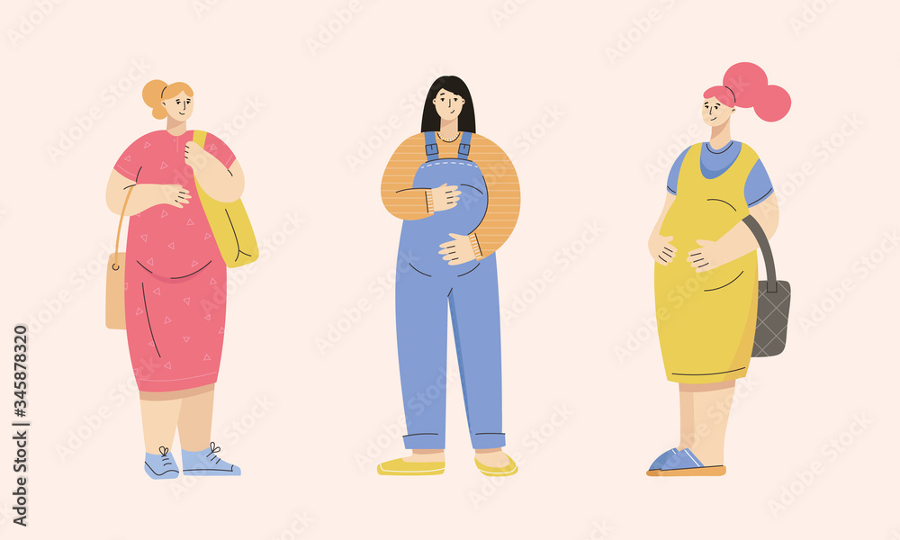 Group of pregnant women dressed in casual city style - dress, overall, sundress, sneakers, slip-ons, mules. Group of pregnant women dressed in casual city style - dress, overall, sundress, sneakers, slip-ons, mules.