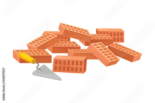 Pile of Red Bricks with Putty Spattle Rested Nearby Vector Illustration